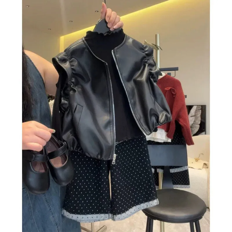 

Girls Autumn Outfit Set New Clothing Children's Leather Jacket Vest Base Shirt+Straight Leg Pants 3-piece Set