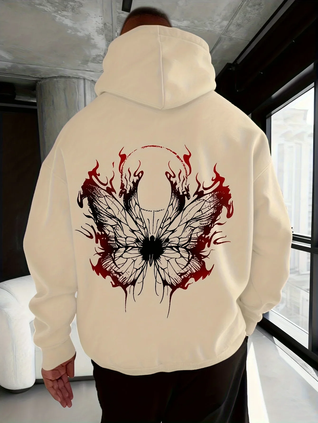 Streetwear Gothic Flame Butterfly Gradient Artwork Back Print Unisex Casual Long Sleeve Hooded Sweatshirt