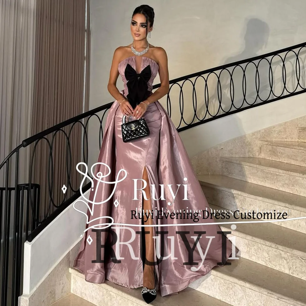 

Customized Shiny Sleeveless Side Slit Evening Dresses with Black Bow 2025 Women Wedding Elegant Party Dress Prom Gown