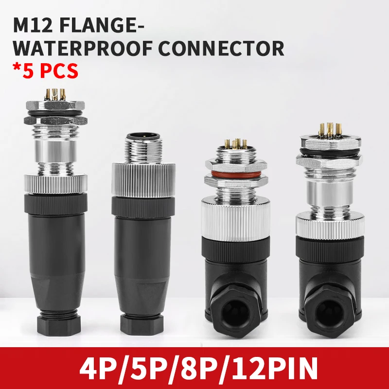 5 PCS M12 flange mounting sensor connector waterproof male&female plug screw threaded coupling 3 4 5 8 12 Pin A type connectors