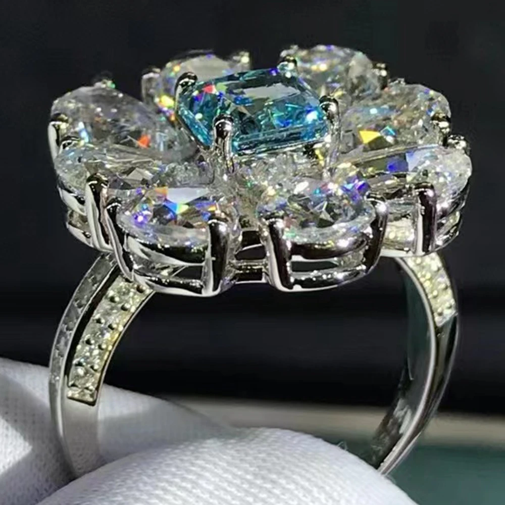 WUIHA Real 925 Sterling Silver Platinum Plated Crushed Ice Radiant Cut 6CT Aquamarine Flower Ring for Women Gift Drop Shipping