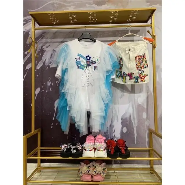 オリジナルデザインカラーブロックマカロンメッシュスプライシング妖精 Tシャツ新しい夏のエレガントな半袖 Tシャツかわいい弓 O ネックカジュアルトップ