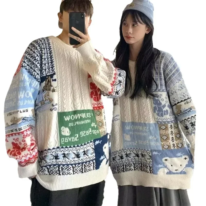 Autumn Winter Y2k Christmas Bear Sweater For Women Korean Couples Knit Loose Pullover Sweatshirts Streetwear Women