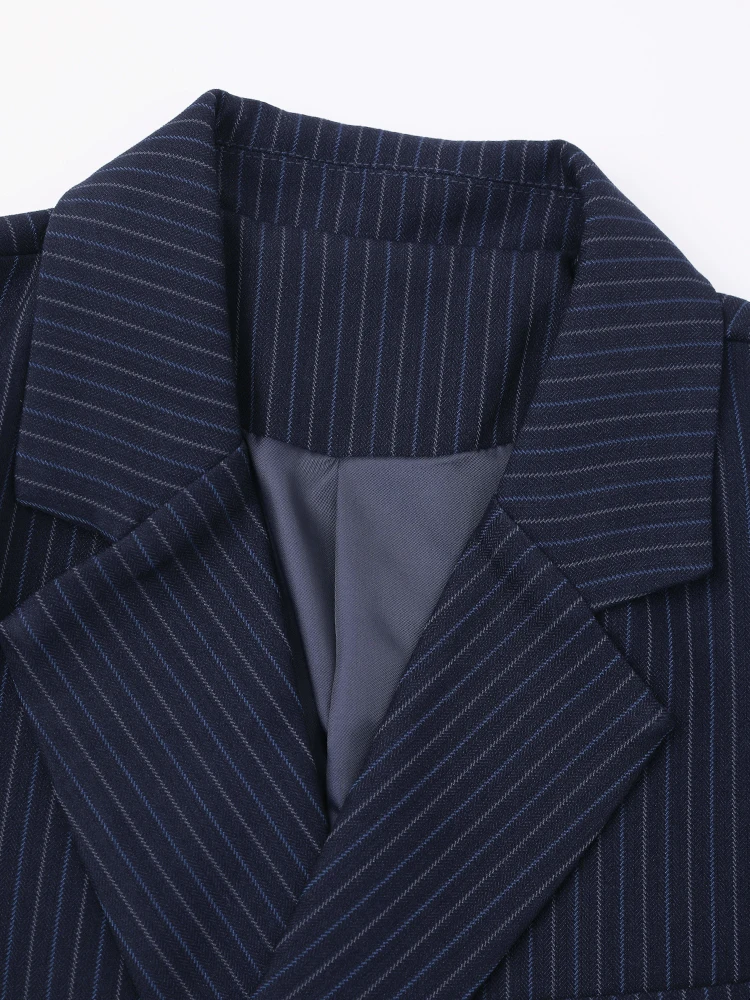 [EAM] Blue Striped Asymmetric Big Size Elegant Blazer Women New Lapel Long Sleeve Jacket Fashion Spring Autumn 2024 1DH213805