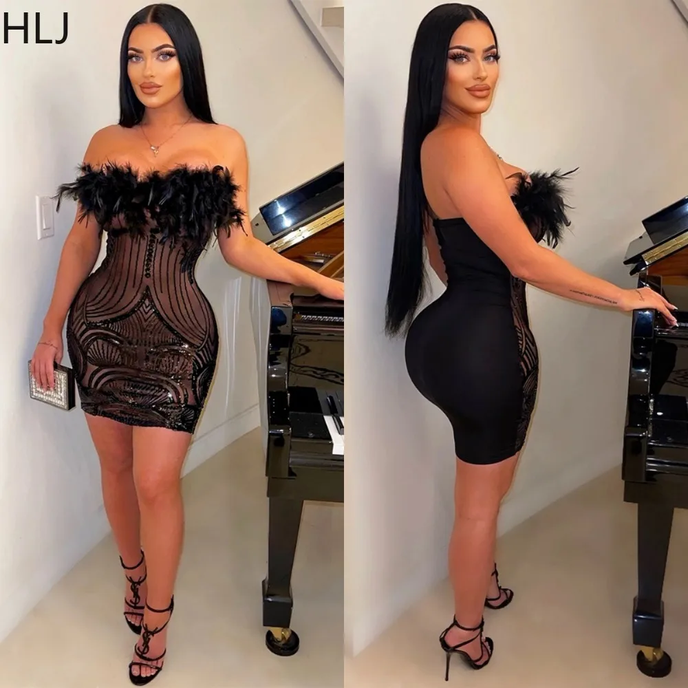 

HLJ 2023 Summer Feathers Patchwork Sheer Mesh Sequin Tube Dress for Women Luxury Black Birthday Shaped Cocktail Vestidos