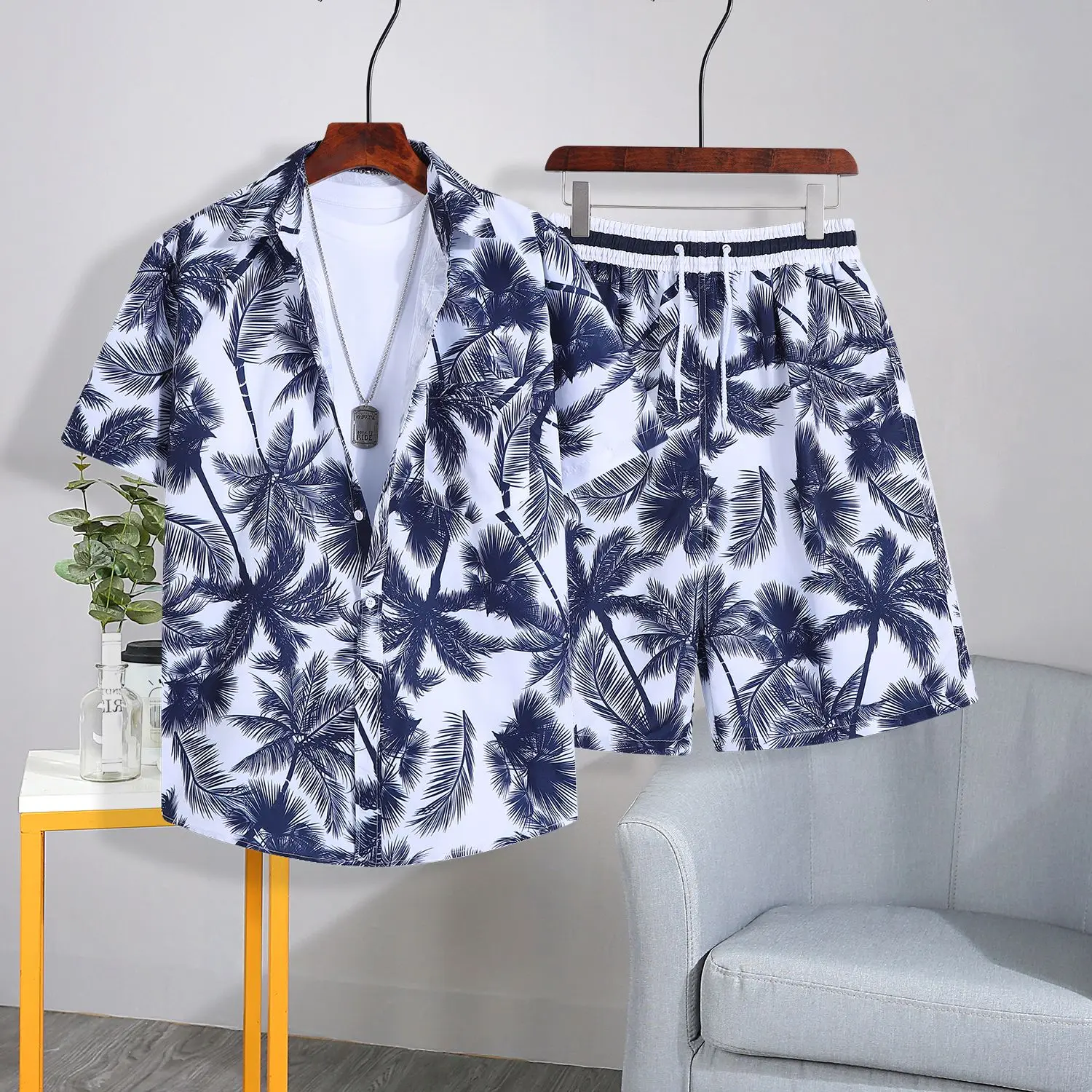 Men's Quick Dry Shirt Cargo Shorts 2 Piece Set Tropical Beachwear for Summer Lightweight Casual Outfit with UPF Protection