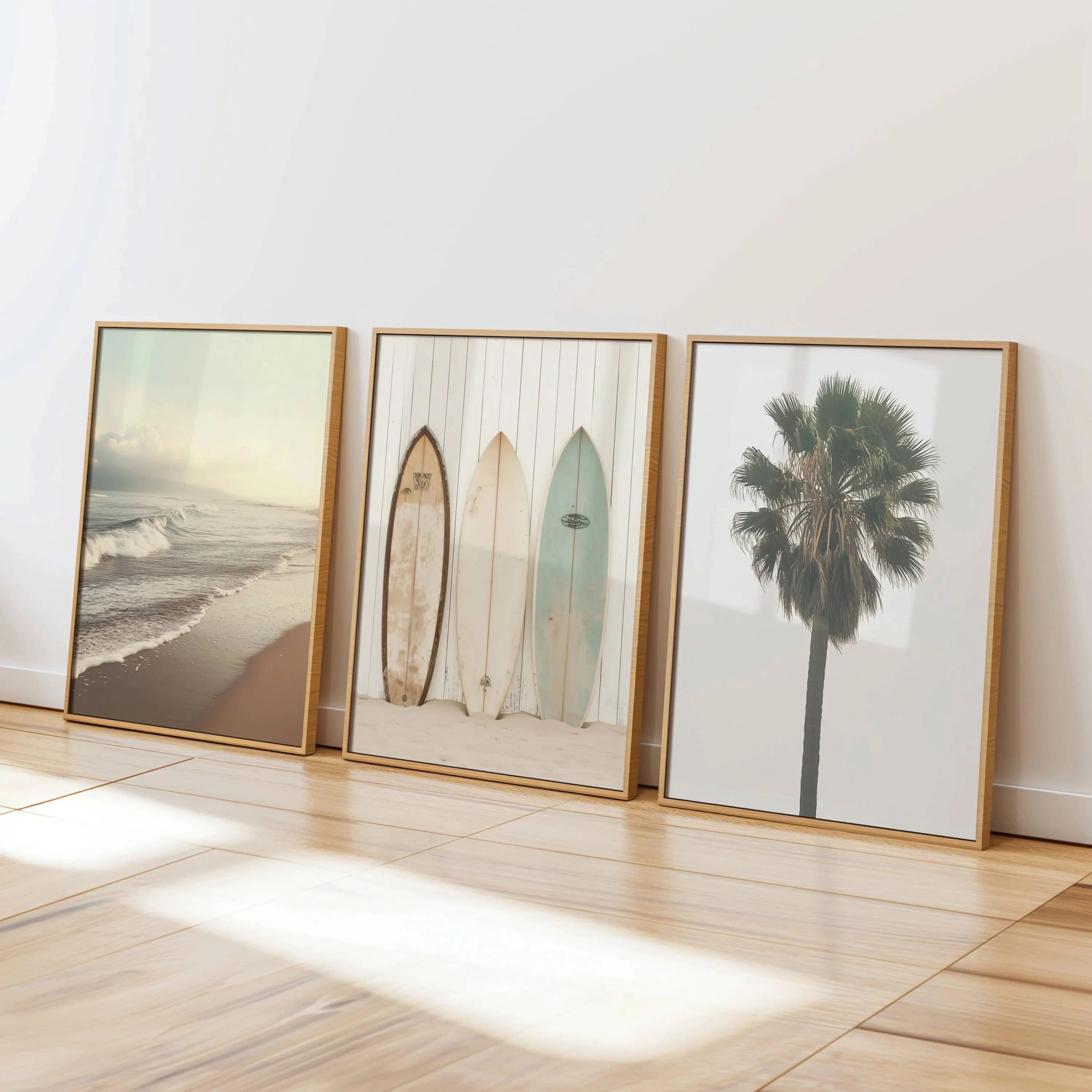 3Pcs Surfboard Coastal Wall Art,Soft Palm Tree Ocean Surf Canvas Print, Minimalist Beach House Wall Arts,Summer Home Decor Gifts
