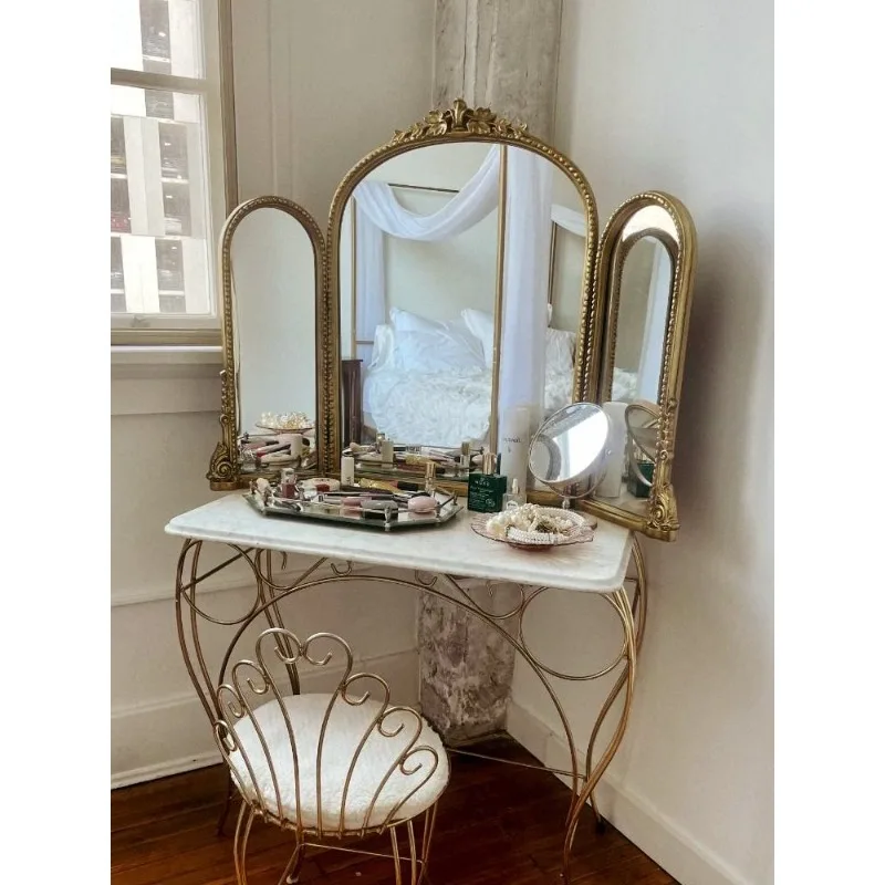 French retro makeup mirror, European carved wall-mounted mirror, bedroom three-fold vanity mirror, vanity table desktop home