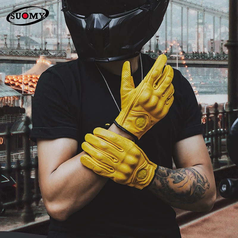 New Arrival SUOMY Yellow Leather Gloves Soft Sheepskin Comfortable Breathable Motorcycle Motocross Vintage Riding Full Finger