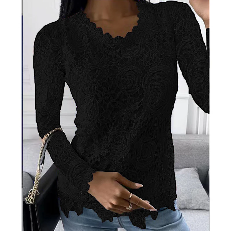 Lace Tops For Women Elegant Solid Plus Size O Neck Female Tee Shirt Casual Embroidery Long Sleeve Sping Summer Clothes Tunic