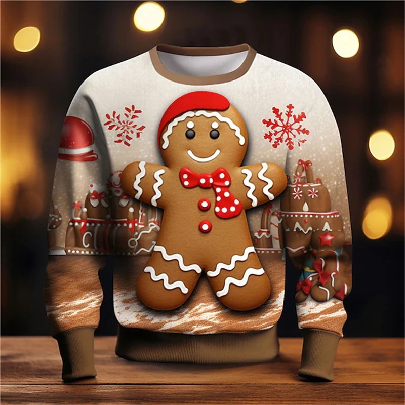 Sudaderas con estampado 3D de pan de jengibre para hombre y mujer, Sudadera con capucha con cuello redondo y gráfico de Feliz Navidad, jersey de moda para hombre, Top de Festival