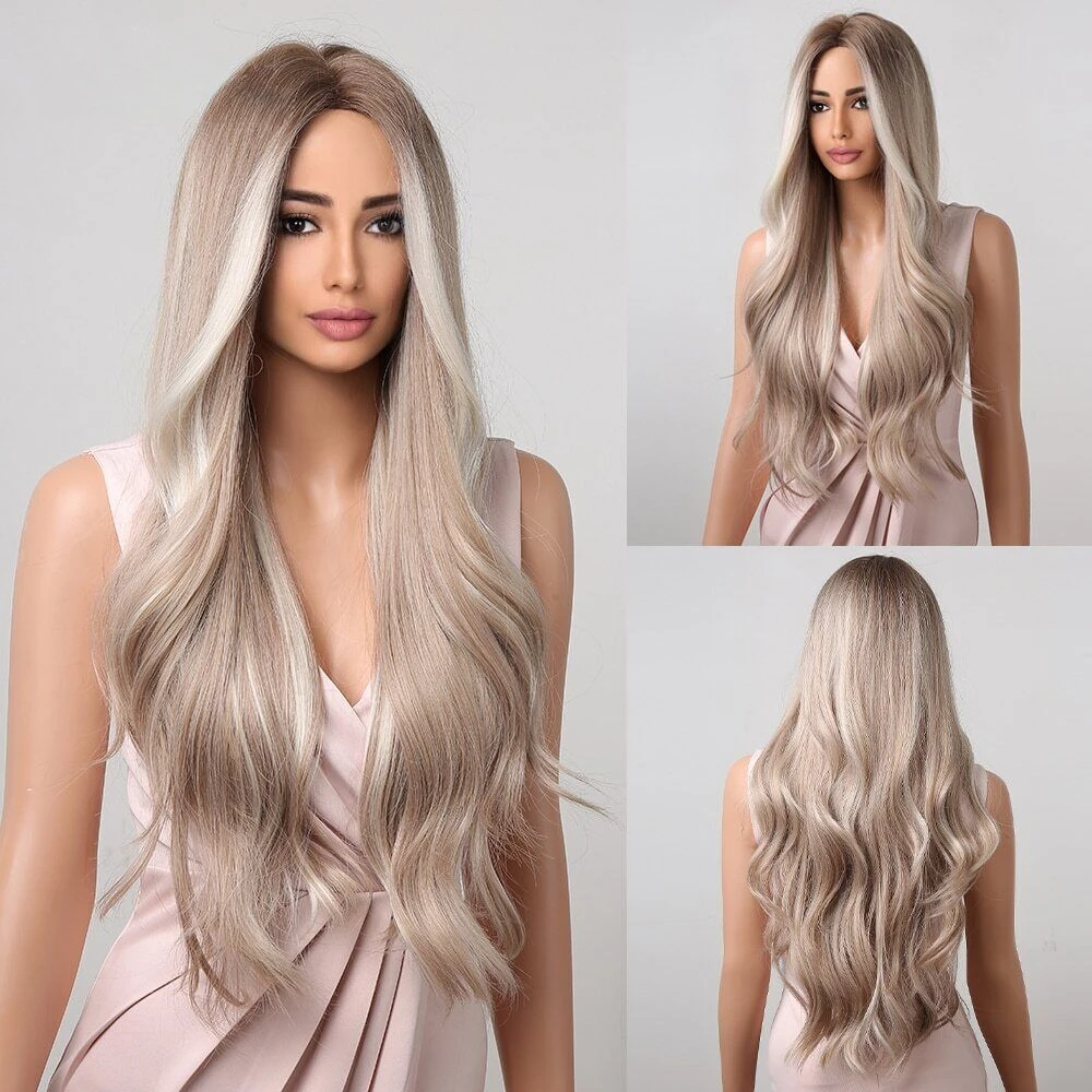 

Platinum Blonde with White Highlight Dark Roots Hair Wigs Synthetic