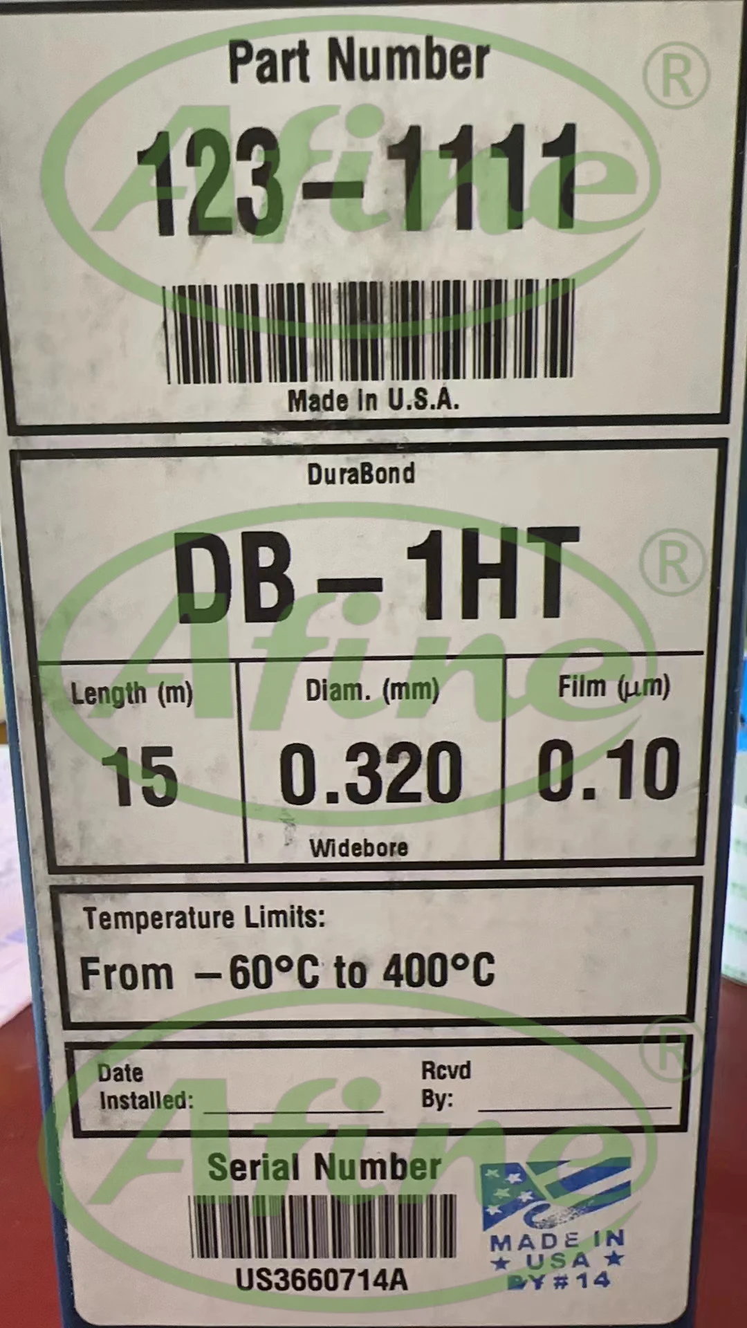 AFINE Agilent J&W DB-1ht GC-kolom, 123-1111, 15 m, 0,32 mm, 0,10 μm, 7 inch kooi