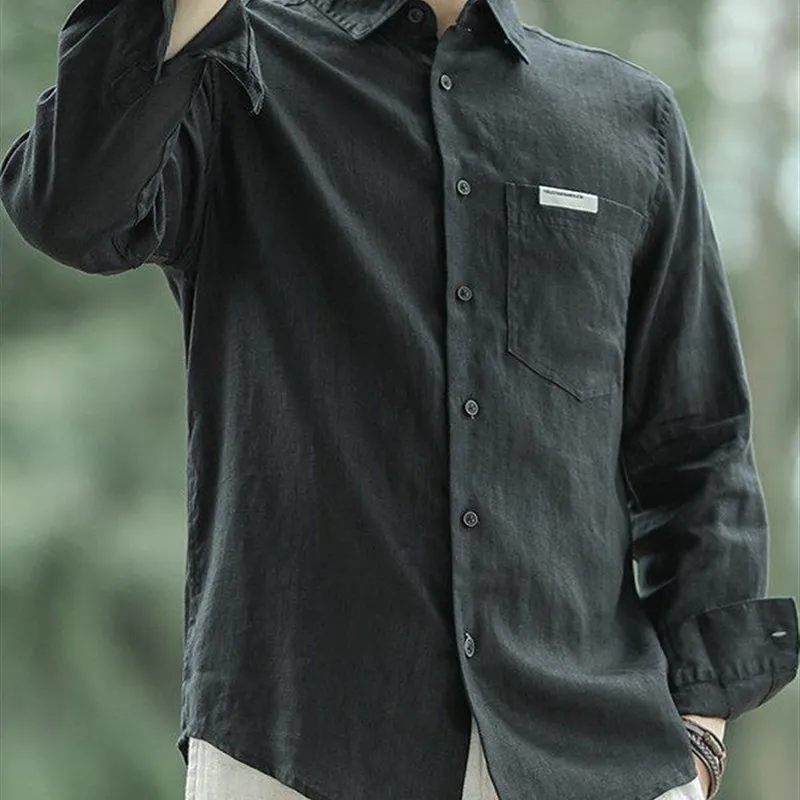 

Summer Men's Casual Long Sve Linen irt Loose Fit Collar Breathable Color Youth White irt Trendy Versatile Lightw...