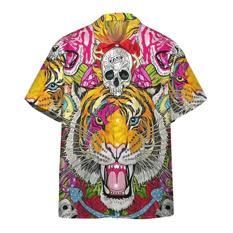 Social Shirt Everyday Men\'s Shirts 3D Animal Printed Short Sleeve Tiger Print Blouse Casual Tees Oversized Male Clothing Tops