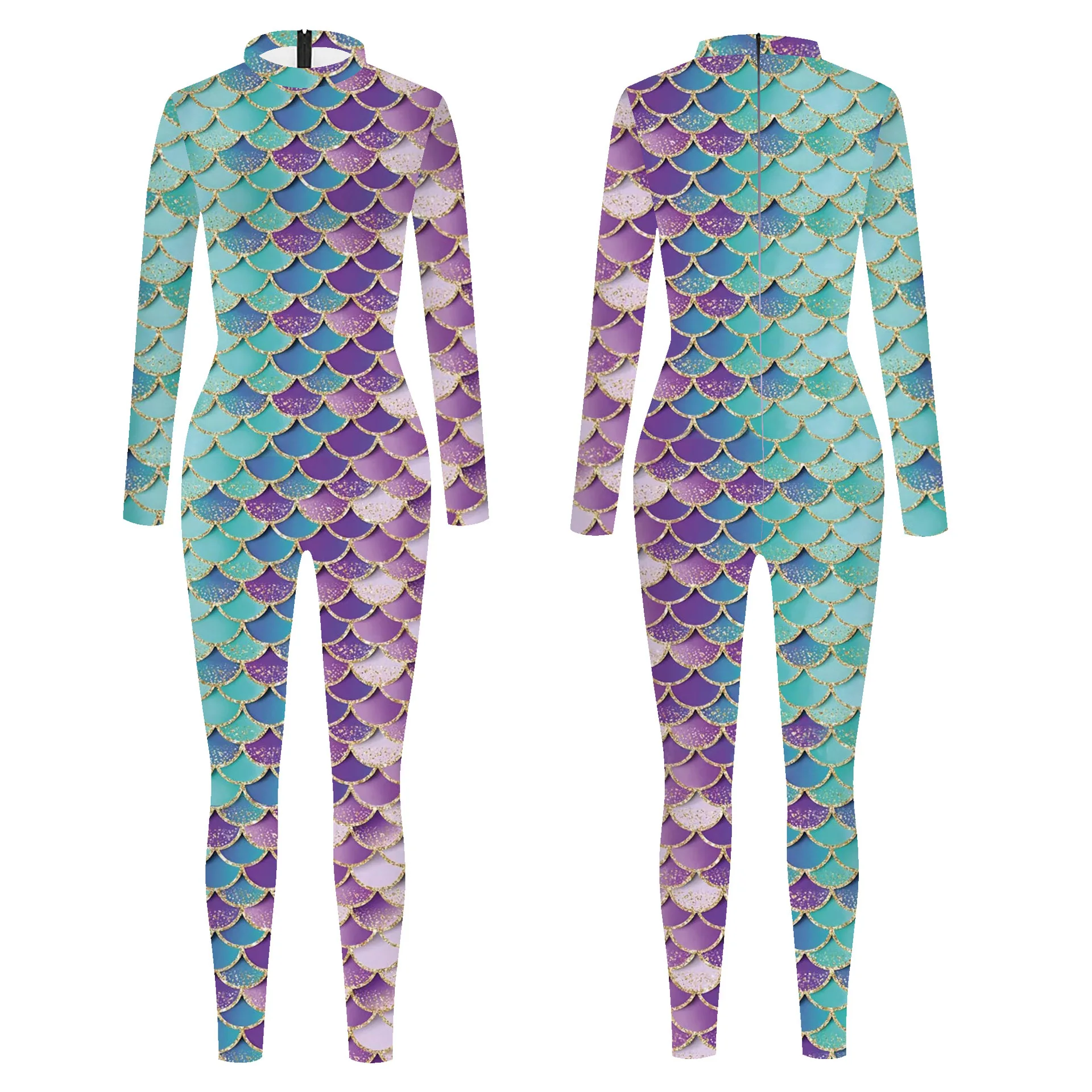 Colorful Shiny Fish Scales 3D Print Women\'s Jumpsuit Cosplay Mermaid Bodysuit Stretch Wear Cosplay Costume Parent-Child Outfit