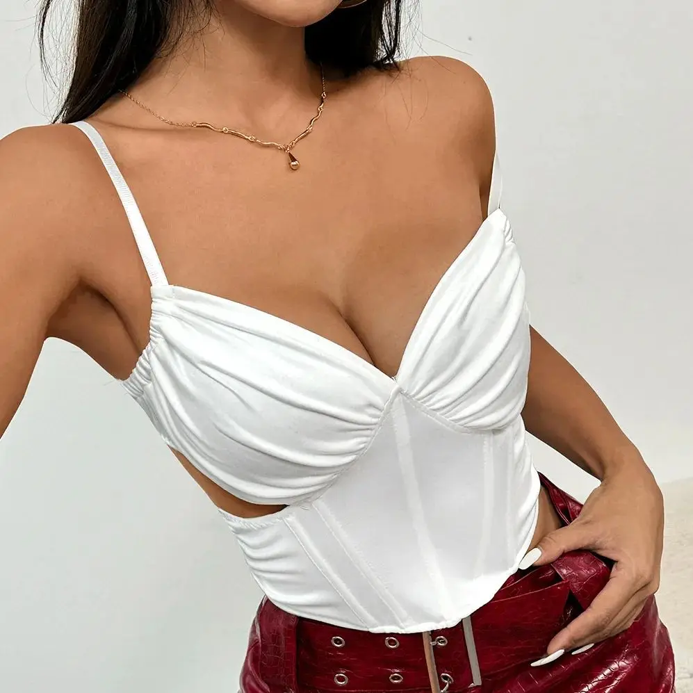 Fold V-neck Hollow Out Boned Sleeveless Tops With Zipper Corset Women Sexy Bustier Adjustable Strap Tank Top Vest Slim Camisole