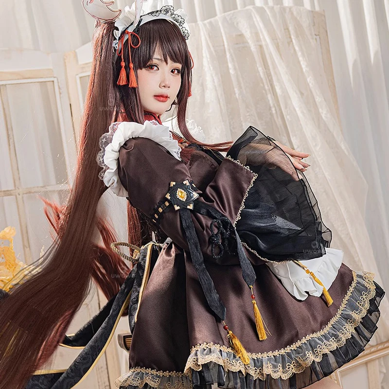 The Genshin Impact Hutao Cosplay lovely  brown maid dress with ghost hair clip  Women Halloween Costume B