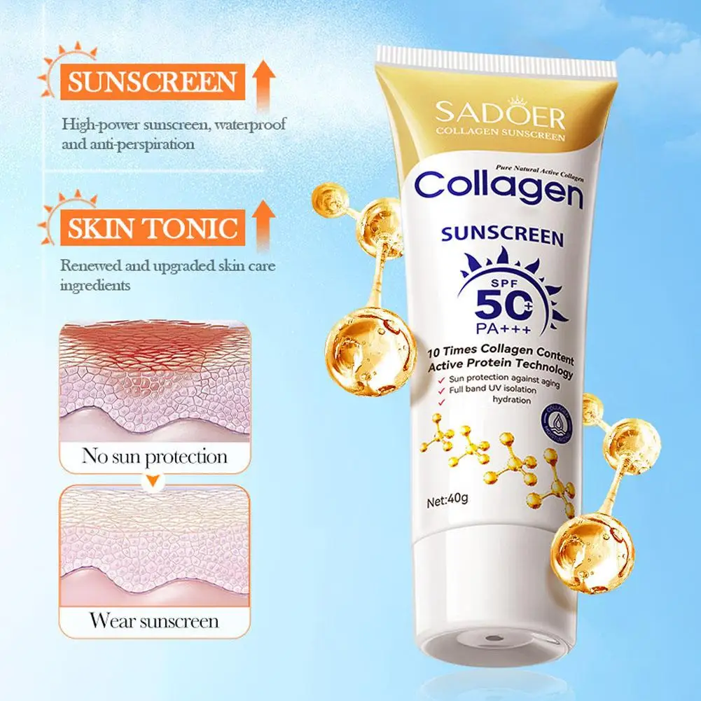 Protector solar de colágeno, crema solar refrescante, hidratante, protector solar de larga duración para la piel, protector solar para el cuerpo y la cara SPF 50+