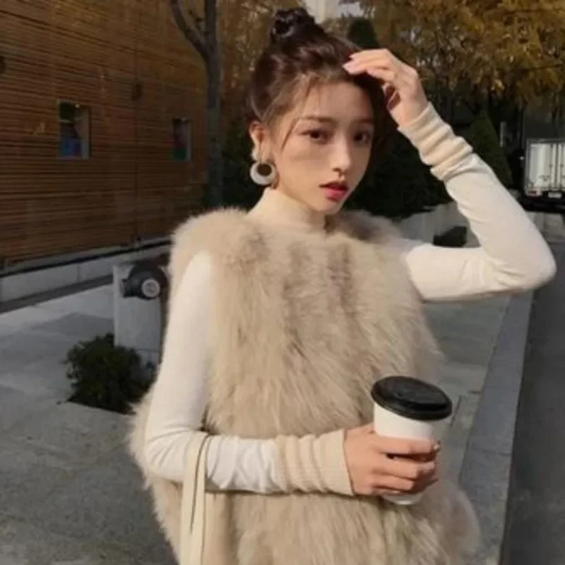 2024 Fashion Faux Fur Winter Vest Jackets Sleeveless Thickening Keep Warm Flocking Mid-length V-collar Fluffy Fake Overcoats New