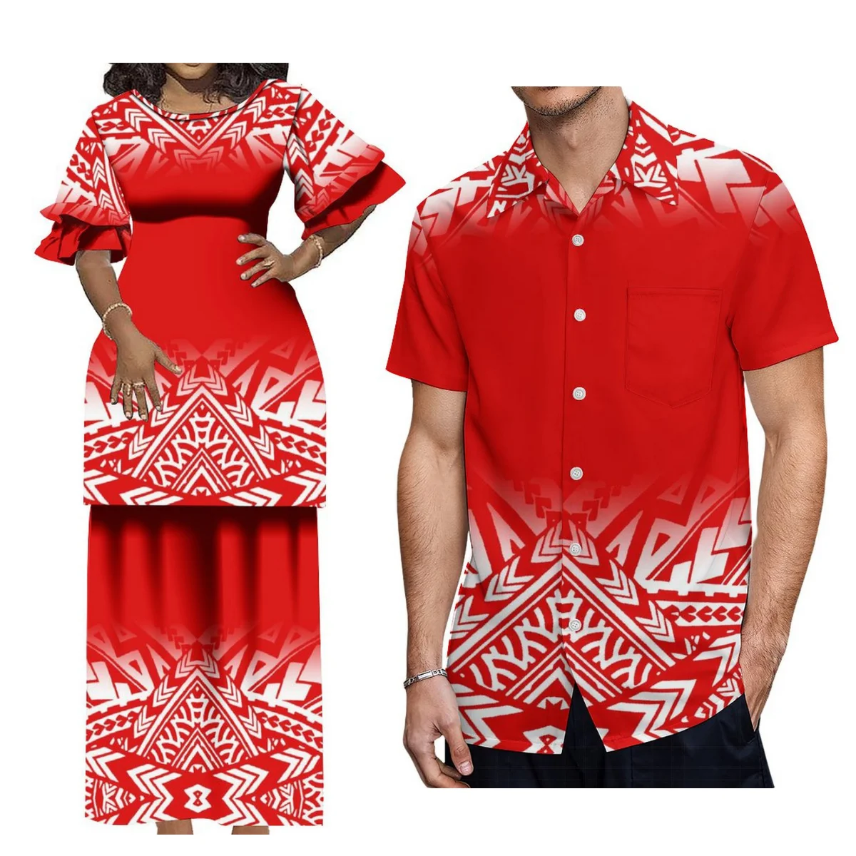 

Custom Summer Women'S Crewneck Dress Puletasi Suit And Men'S Shirt Polynesian Island Gala Grand National Dress