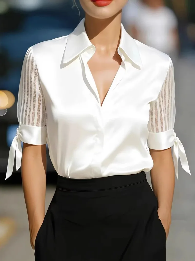 

Женская рубашка в деловом стиле для офиса, с V-образным вырезом, завязками на талии, рукавами миди, в полоску, свободного кроя, из полиэстера, без эластана, весенняя коллекция