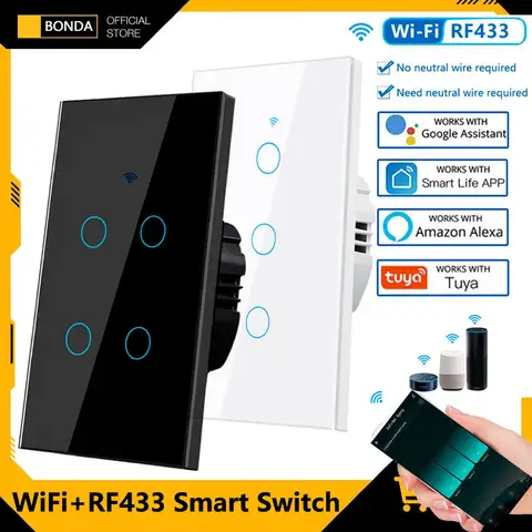 Tuya WiFi Smart Light Switch RF433 No Neutral Wire Required Wall Touch Sensor Switch Voice Control Work with Alexa Google Home 4