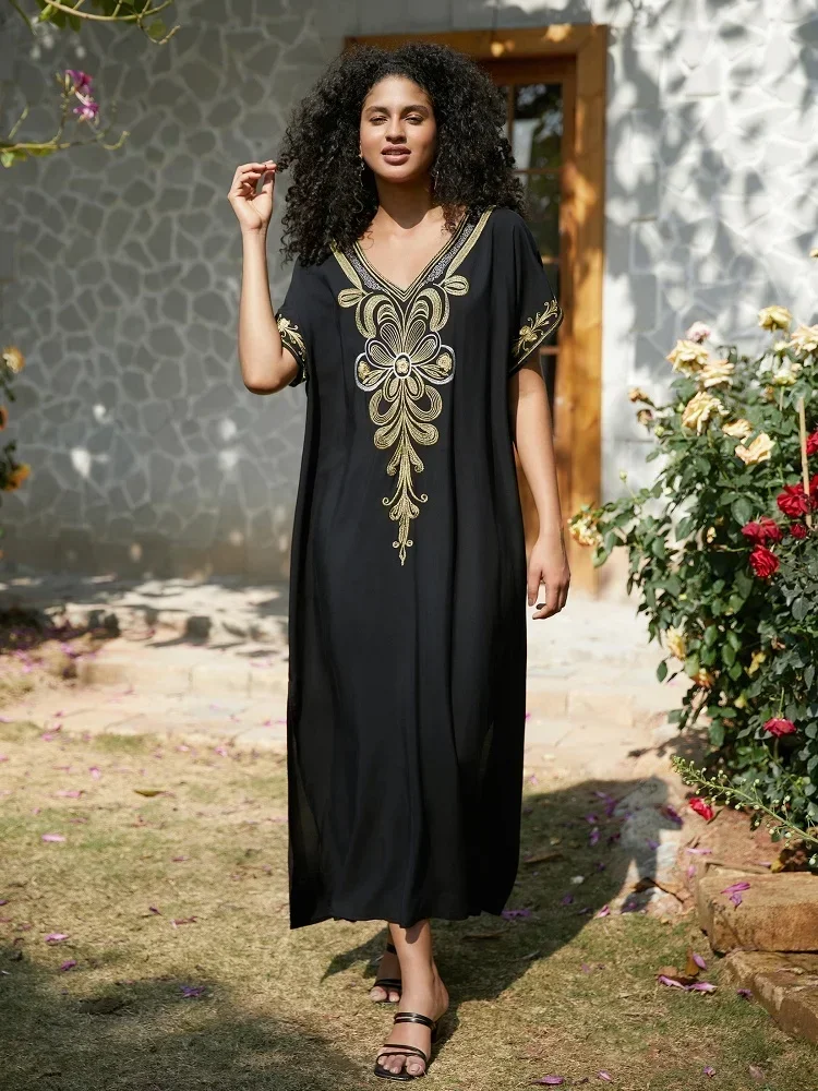 2024 Black Embroidered Women Loose Kaftan Robe Outfit Beach Wear Holiday Dress Cover Up Lounge Wear House Dresses Q1655