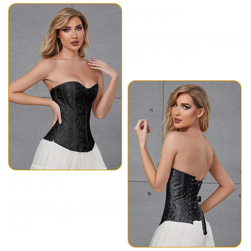 Women Corset Tops Black Overbust Corset Plus Size Floral Jacquard Corset Zipper Top Gothic Steampunk Corset Bustier Shapewear