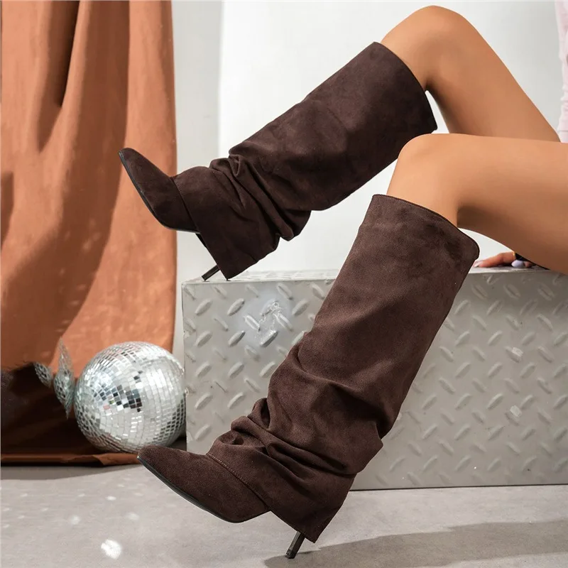 2026 European Pointed Toe Stiletto Ruched Boots Women Autumn Velvet High Knee Slim