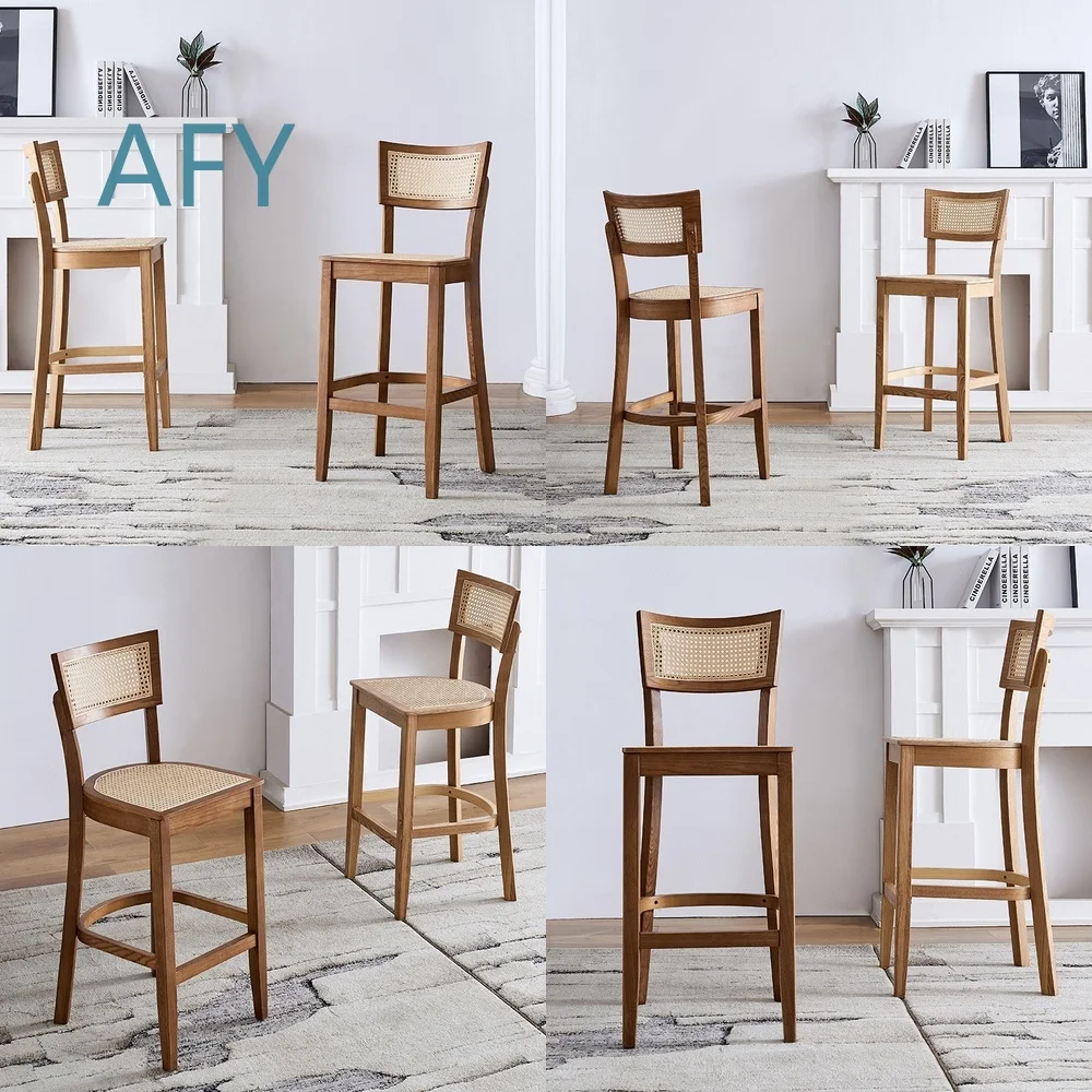 Hochlehniger Esszimmerstuhl für Restaurant, Bar und Zuhause im Nordischen Stil mit Massivholz-Rückenlehne und Modernem Minimalistischem Korbgeflecht-Sitz