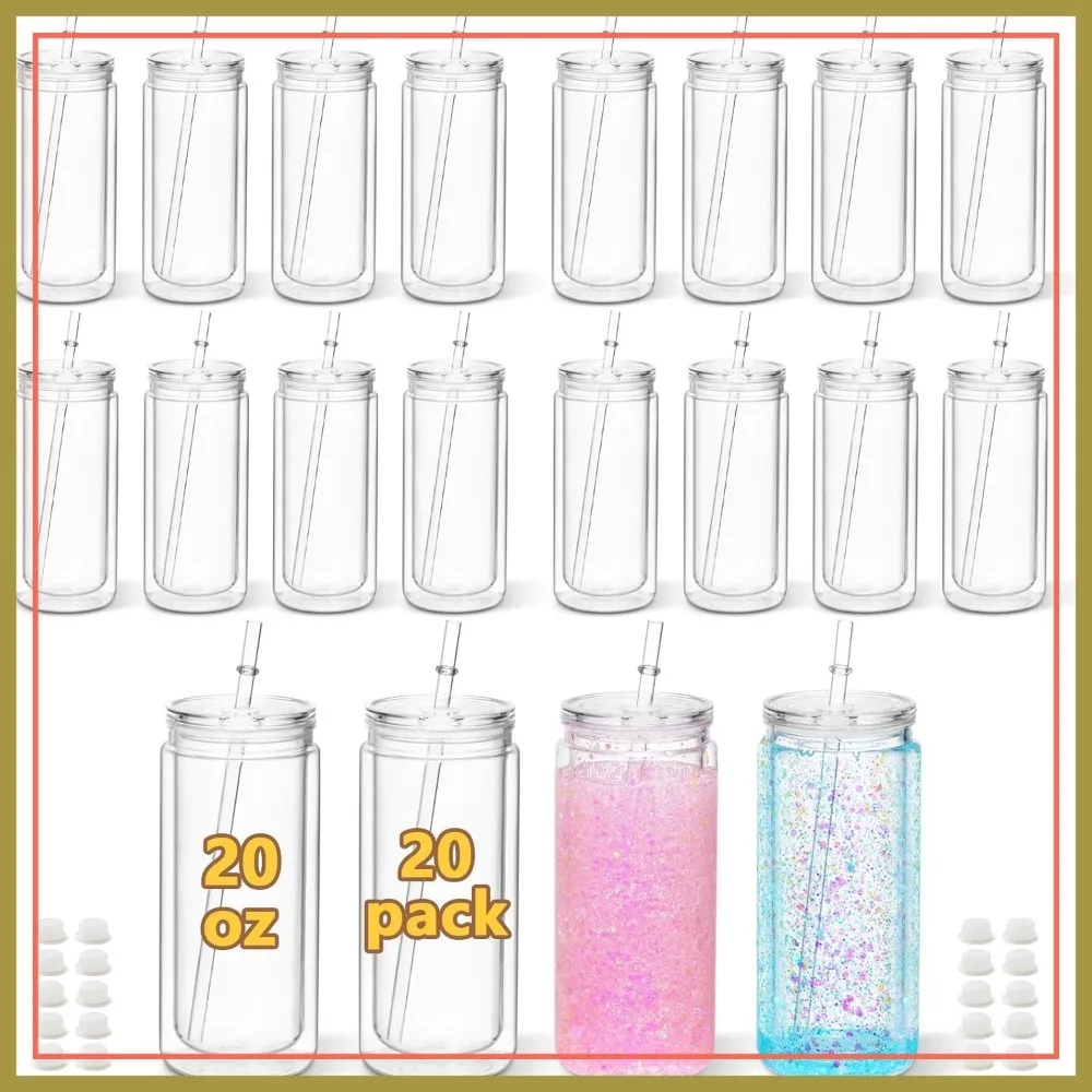 

20 Oz Acrylic Snow Globe Tumbler, 20 Pack Pre-Drilled Double Wall Plastic Snowglobe Cup with Clear Lid for DIY