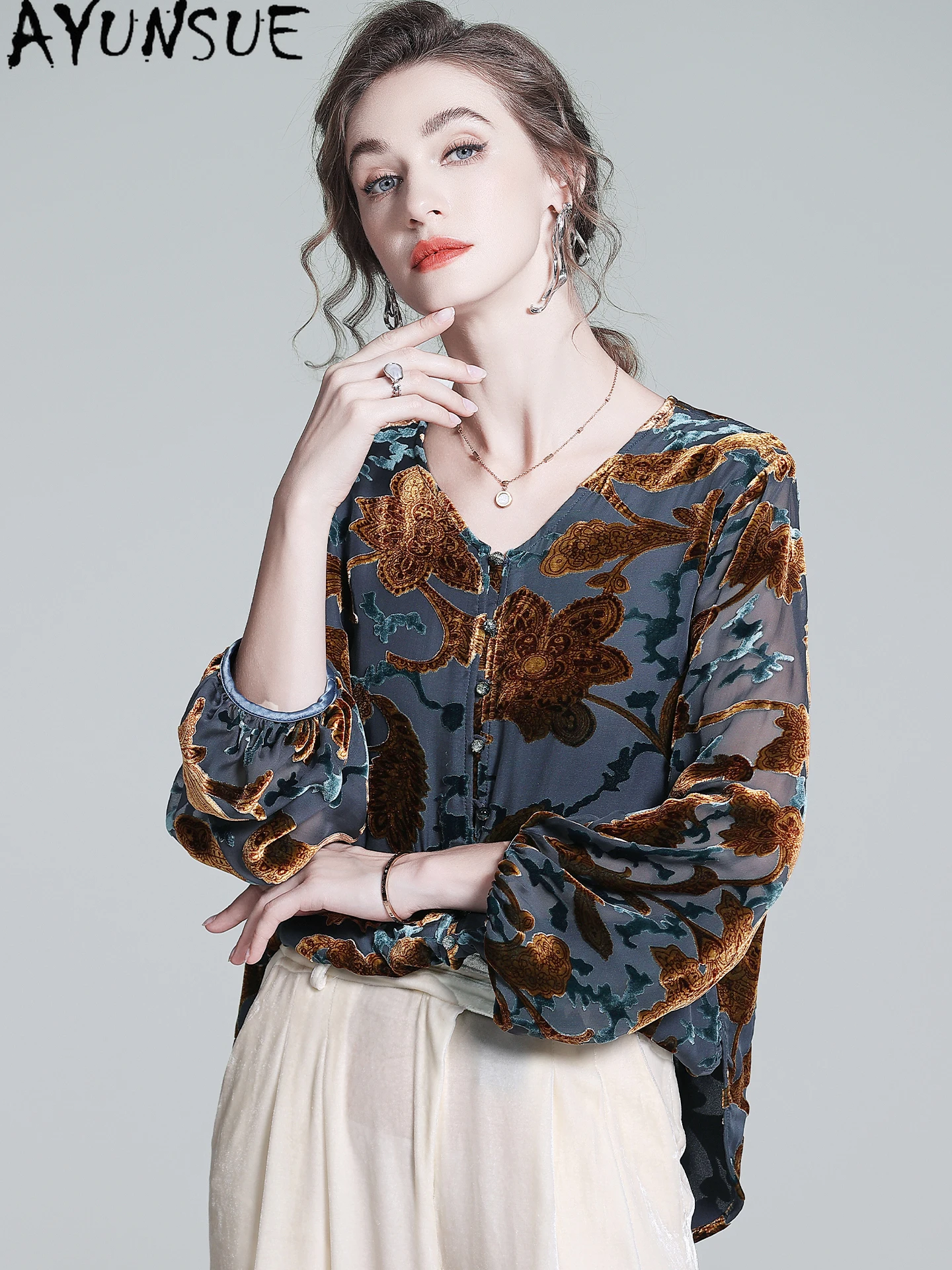 AYUNSUE 47% التوت الحرير 53% قمصان النايلون النساء قمصان أنيقة للمرأة الملابس 2025 الفرنسية ربيع الخريف قميص قميص فام #3