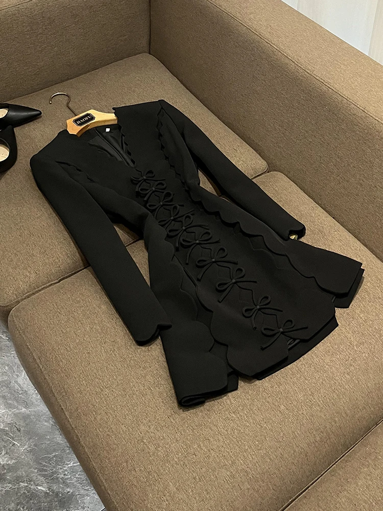 الراقية طويلة الأكمام V-Ne عقدة موجة شكل الدكتور Ele Ladylike Sle Ci تخفيف مناسبة ربيع الخريف