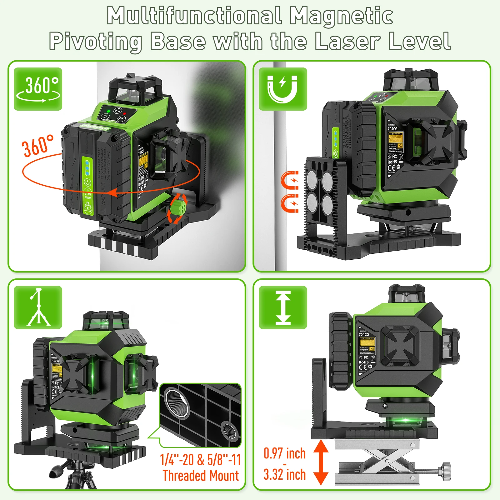 Huepar 704CG Laser Level 4D Green Laser Level 16 Lines Self-Leveling 360 Rotating Rotary Kit Tile