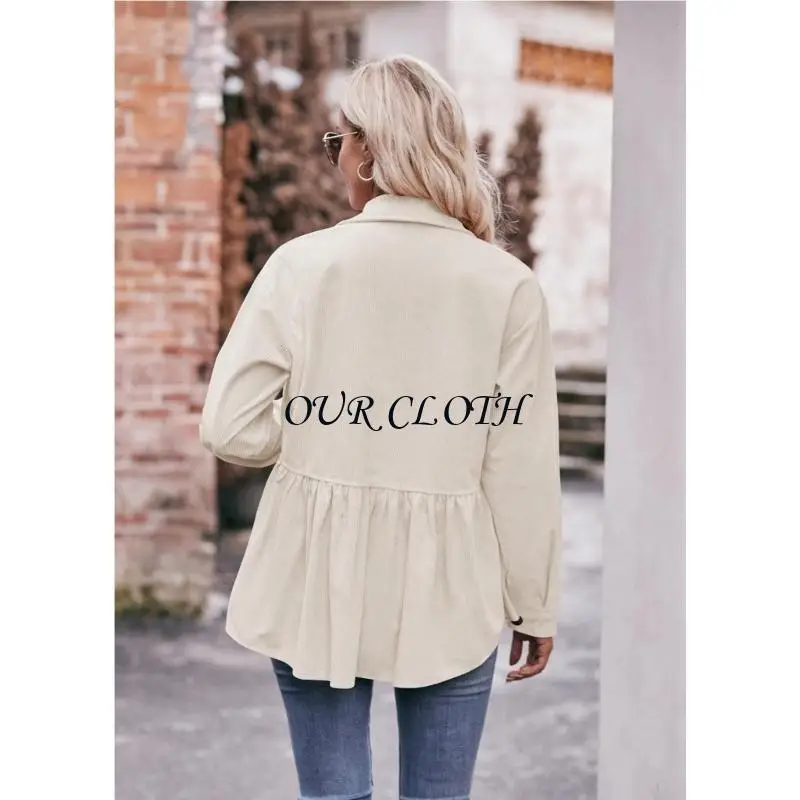 

Women Corduroy Peplum Shirt Babydoll Shacket Top Layered Hem Blouse Tops Y1AC