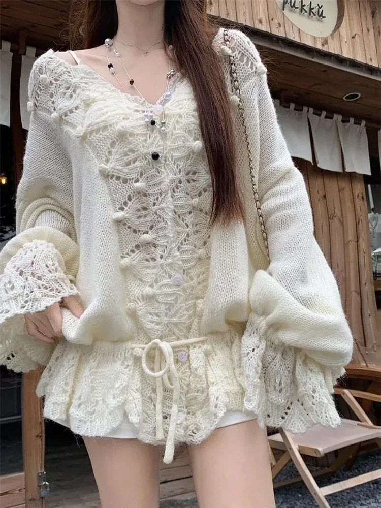 French Style Hollow Out Knit Cardigan Women Autumn New Vintage Lazy Loose Casual Sweater V Neck Lace Up Long Sleeve Baggy Tops
