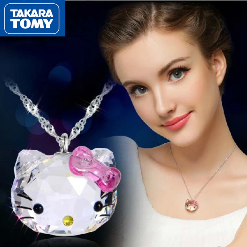 

TAKARA TOMY Woman 925 Sterling Silver Transparent Crystal Hello Kitty Collarbone Necklace Girl Student Cute Sweet Accessories