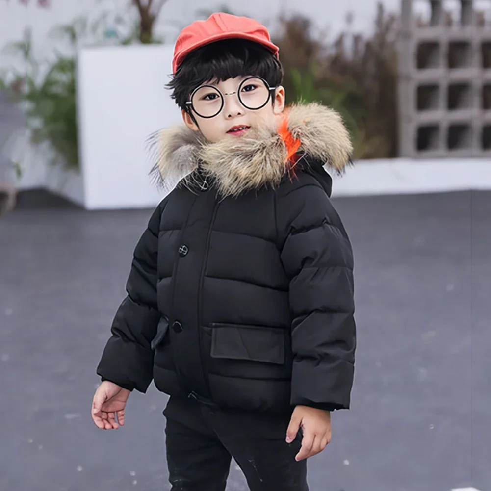 Chaqueta de algodón para bebé, traje de nieve de felpa con capucha de piel sintética para niñas y niños, abrigo acolchado cálido de lana gruesa, prendas de vestir de invierno para niños