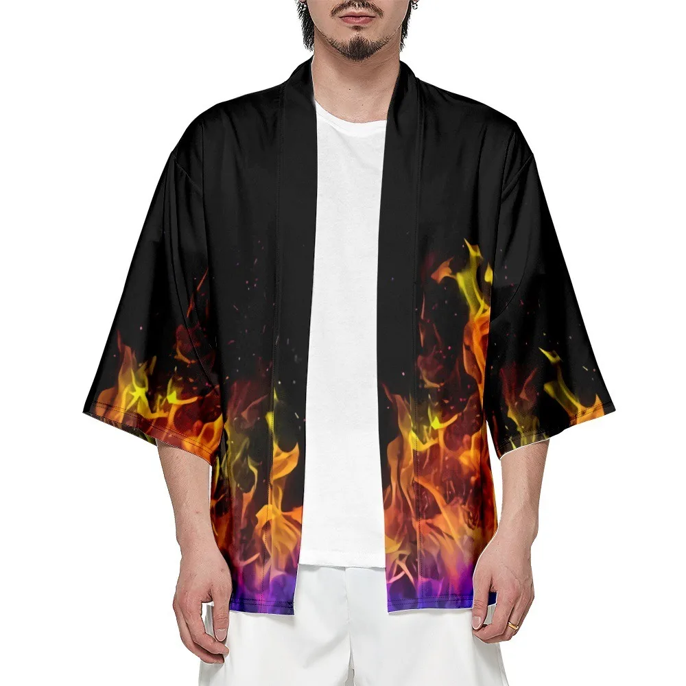 

Summer Samurai Kimono Men Cosplay Stylish Flame Print Haori Streetwear Kimono Japanese Fashion Yukata Cardigan Robe Hot Sale