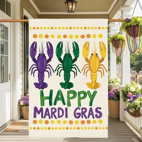 Happy Mardi Gras Crawfish Garden Flag, Artistic Fleur De Lis Lobster Yard Decor, OOV IIC