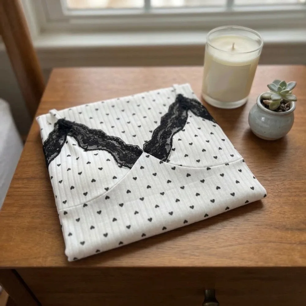 

Love Heart Print Women Heart Pajama Dress Sleeveless Suspender Lace Trim Camisole Nightdress Soft Sleepwear