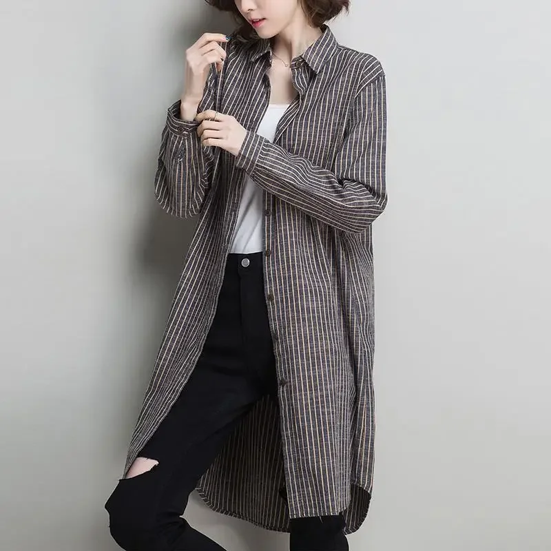 Spring New Striped Loose Cardigan Long Sleeve Polo Neck Plus Size All-match Mid Length Shirt Tops Vintage Casual Women Clothing