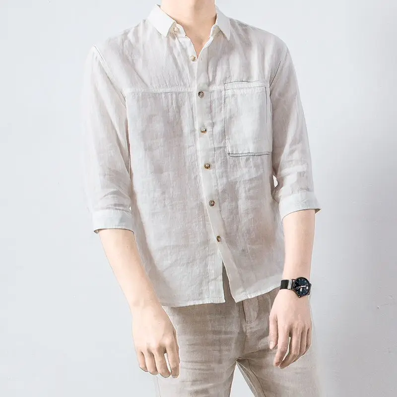 

7-точечная рубашка со средними рукавами, мужская летняя свободная рубашка большого размера с лацканами и открытым карманом, дышащий повседневный кардиган