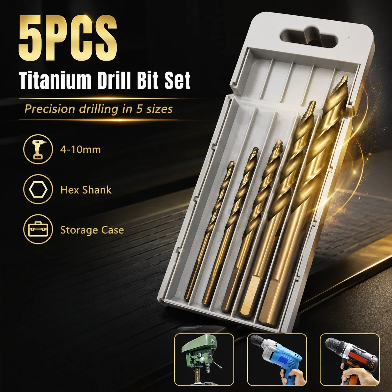 5Pcs Titanium Twist Drill Bit Set, 4-10mm Hex Shank HSS Drill Bits with Storage Case for Metal Wood Plastic DIY Drilling