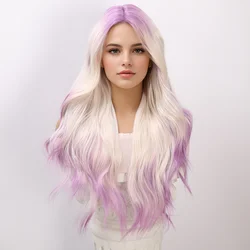 Fashionable Daily Wig Front Lace Imported High-Temperature Silk Split Purple White Gradient Long Hair Roll Party Girl Wig