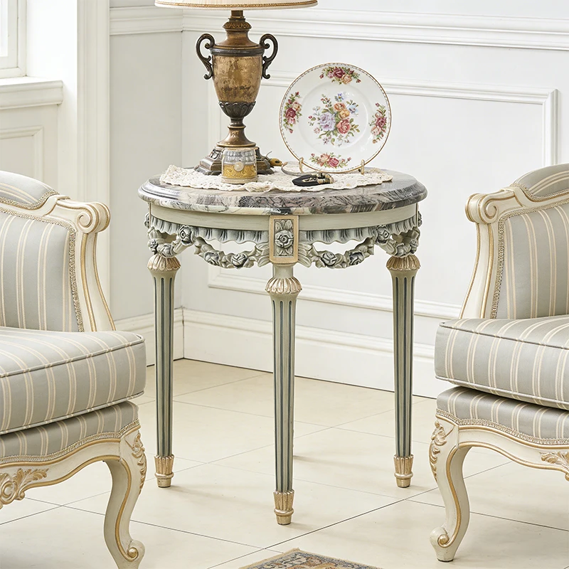 ！@French Style Hand Carving Solid Wood Sofa Side Table Luxury Natural Marble Top Round Rustic Side Table for Villa&Mansion