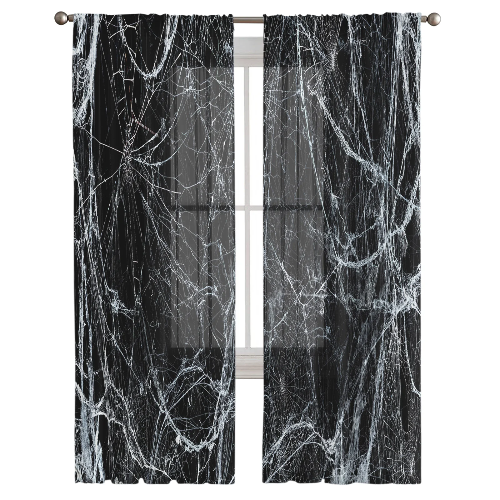 Halloween Arachnid Silk Web Black Background Tulle Curtains Living Room Bedroom Sheer Decor Chiffon Voile Kitchen Window Drapes