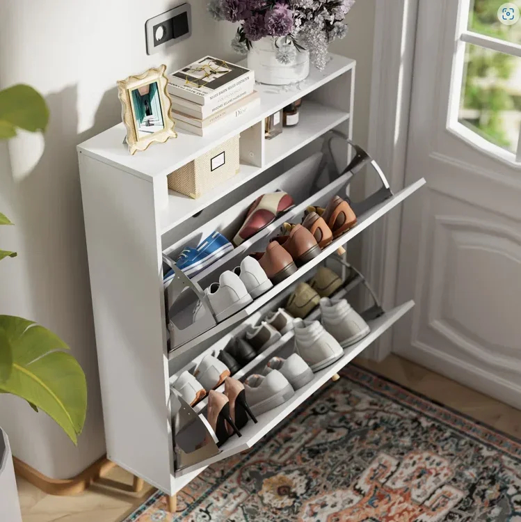 

-Simple Classic Design White Shoe Cabinet with 2 Flip- Down Compartments Living Room Furniture Entryway Shoe Rack