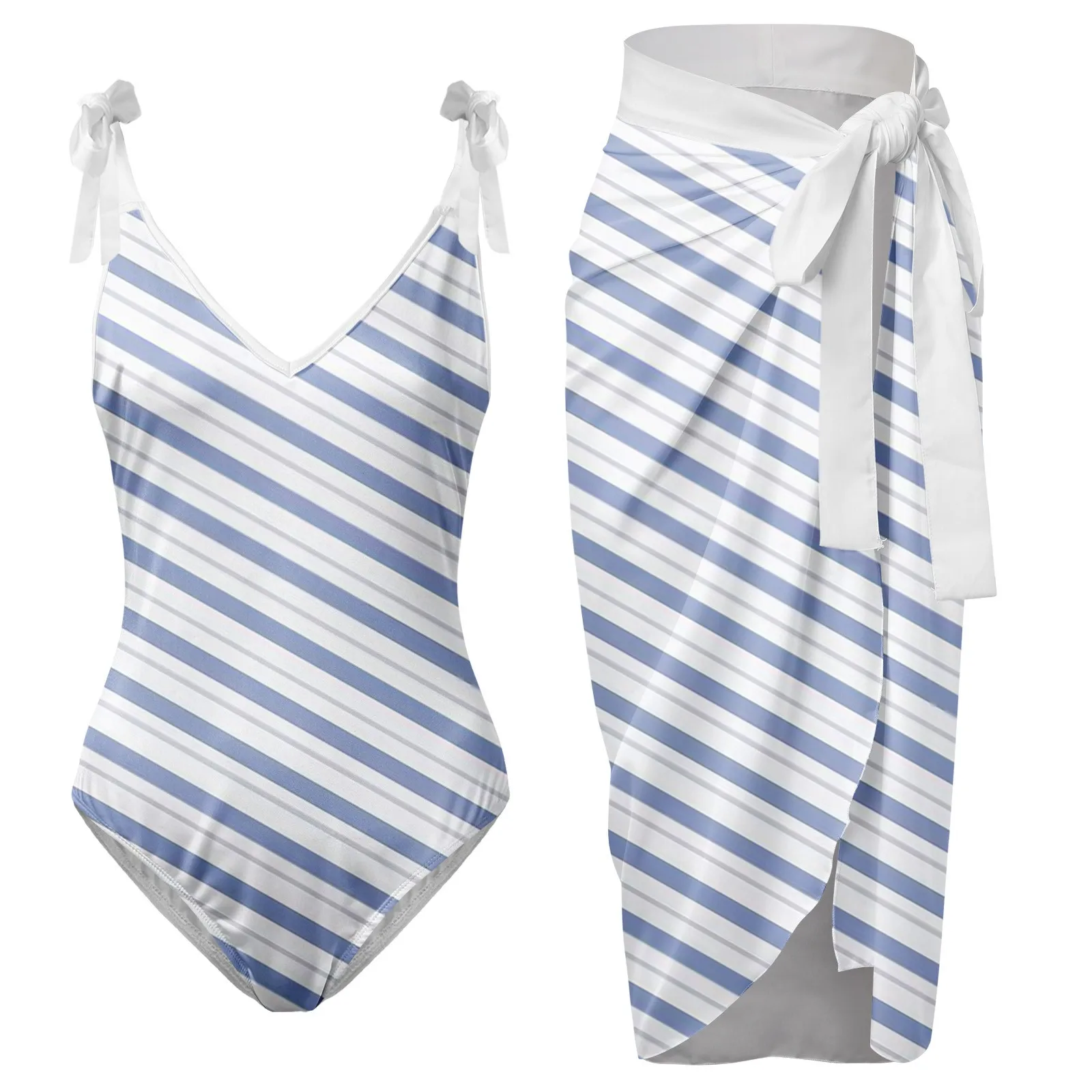 

Womens V Neck Flower Printed Swimsuit Apron Skirt Bikini Sets